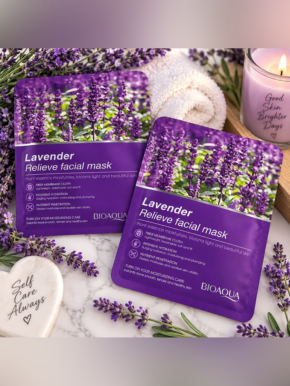 💜 BIOAQUA Lavender Relieve Facial Mask – 2-Pack – NEW & Unused